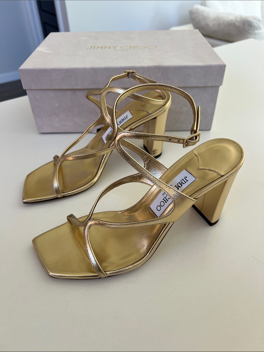 Jimmy Choo azie 85 gold metallic leather open toe strappy sandals heels 38